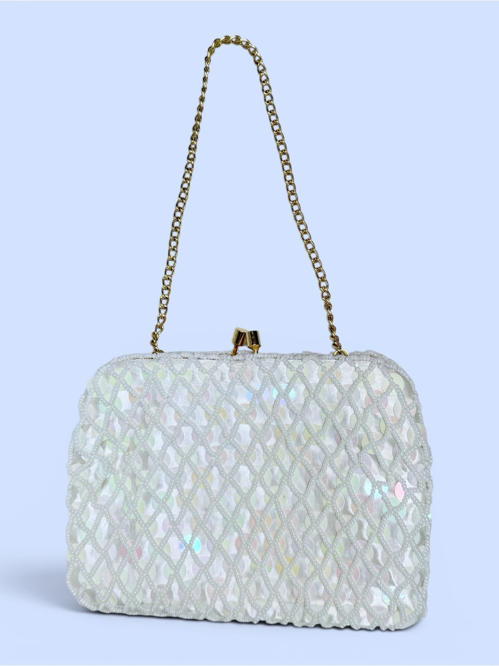 Hong Kong Evening Clutch White Seed Beads‎ Opalescent Sequins Original Box VTG
